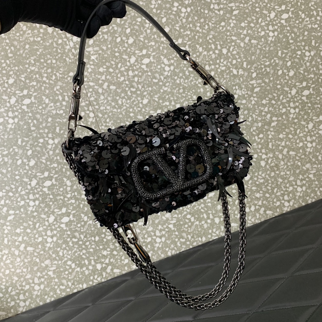 Valentino Garavani Loco Small Embroidered Shoulder Bag with Black Beaded Fringes